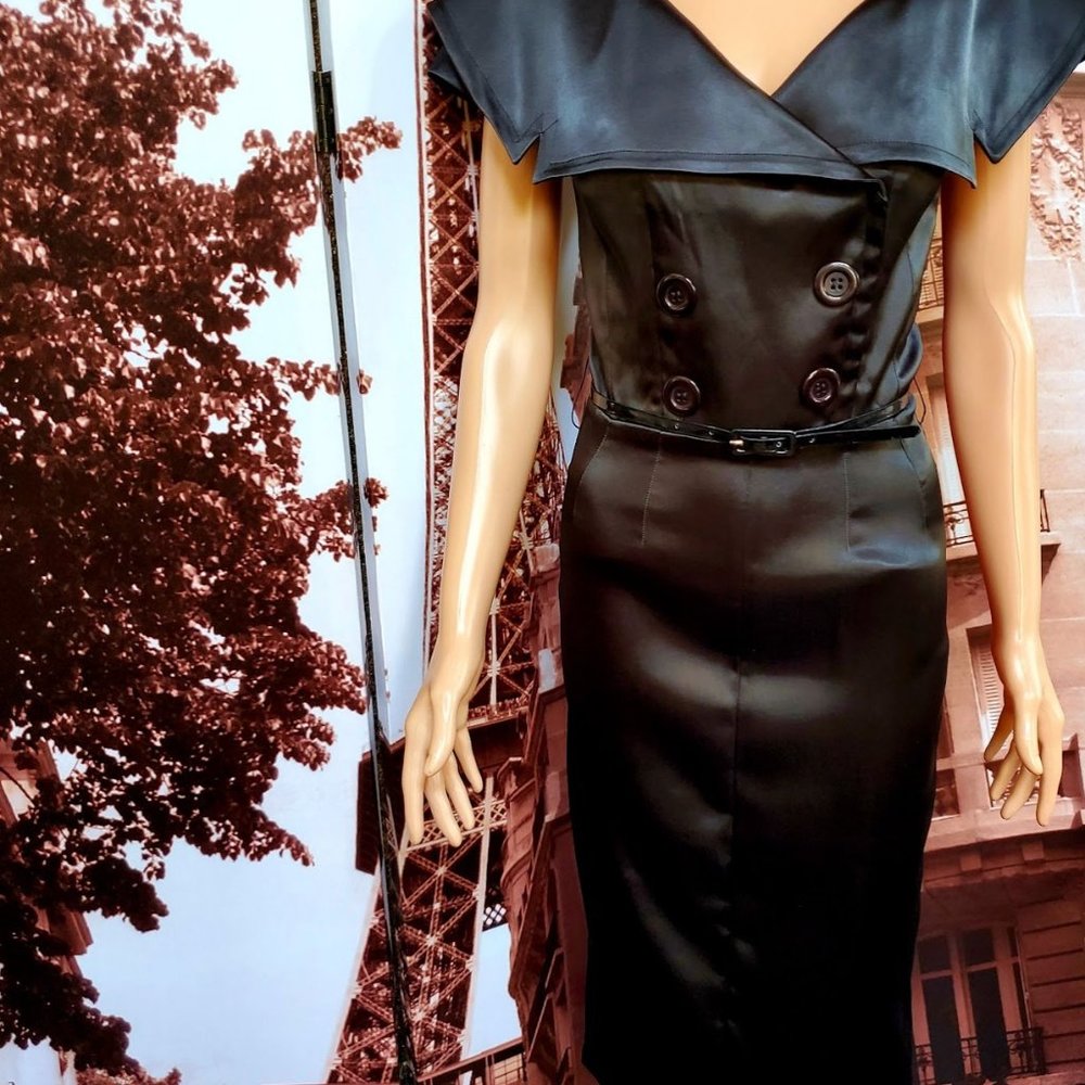 Bettie Page Double Breasted Vintage Black Satin Dress. Size S. #3-0217. NWT